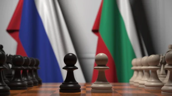 Прапори Росії та Болгарії за пішаками на шаховій дошці. Шахова гра або політичне суперництво пов'язують 3d рендеринг — стокове фото