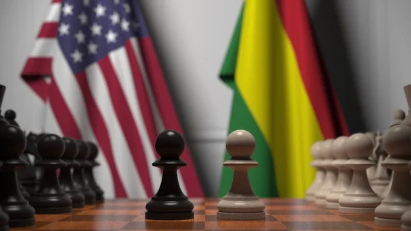 Прапори Уси і Болівії за пішаками на шаховій дошці. Шахова гра або політичне суперництво пов'язують 3d рендеринг — стокове фото