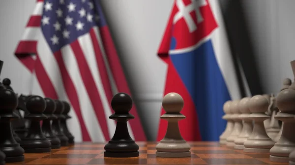 Прапори Уси і Словаччини за пішаками на шаховій дошці. Шахова гра або політичне суперництво пов'язують 3d рендеринг — стокове фото