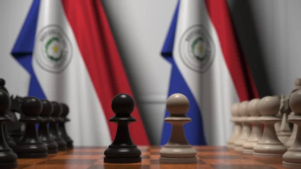 Jeu d'échecs contre les drapeaux du Paraguay. Compétition politique liée au rendu 3D — Photo