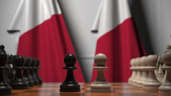 Jogo de xadrez contra bandeiras de Malta. Renderização 3D relacionada com a concorrência política — Fotografia de Stock