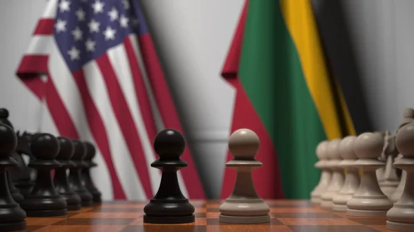 Прапори Уси і Литви за пішаками на шаховій дошці. Шахова гра або політичне суперництво пов'язують 3d рендеринг — стокове фото