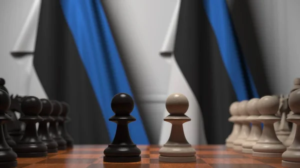 Jogo de xadrez contra bandeiras da Estónia. Renderização 3D relacionada com a concorrência política — Fotografia de Stock