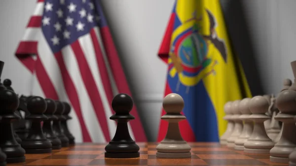 Usa és Ecuador zászlói gyalogok mögött a sakktáblán. Sakk játék vagy politikai rivalizálás kapcsolódó 3d renderelés — Stock Fotó