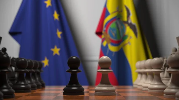 Drapeaux de l'UE et de l'Équateur derrière des pions sur l'échiquier. Jeu d'échecs ou rivalité politique liée au rendu 3D — Photo