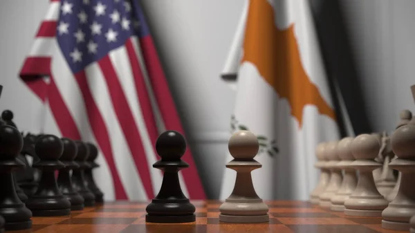 Banderas de EE.UU. y Chipre detrás de peones en el tablero de ajedrez. Juego de ajedrez o rivalidad política relacionada con la representación 3D — Foto de Stock