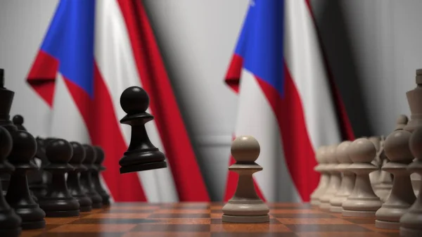 Partita a scacchi contro le bandiere di Porto Rico. Rendering 3D correlato alla competizione politica — Foto Stock