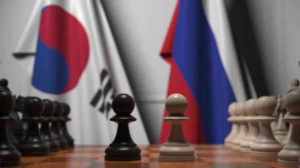 한국 과 러시아의 국기에 대항하는 체스 경기. 3 차원 렌더링 과 관련된 정치적 경쟁 — 스톡 사진