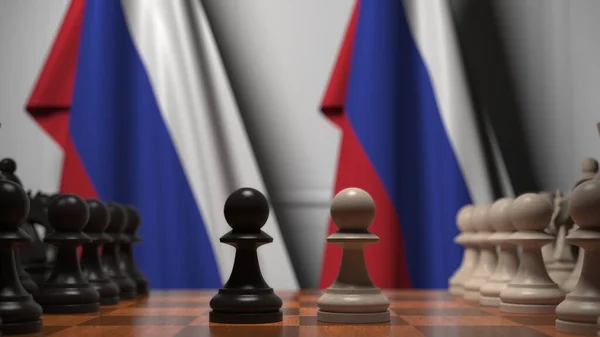 Jeu d'échecs contre les drapeaux de la Russie. Compétition politique liée au rendu 3D — Photo
