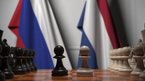 Jeu d'échecs contre les drapeaux de la Russie et des Pays-Bas. Compétition politique liée au rendu 3D — Photo