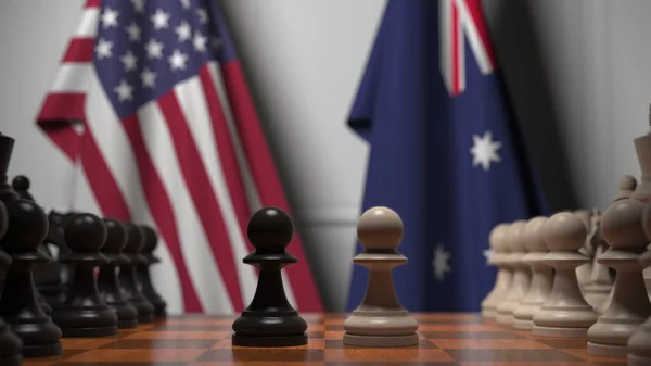 Partita a scacchi contro le bandiere di Stati Uniti e Australia. Rendering 3D correlato alla competizione politica — Foto Stock