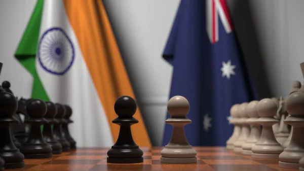 Hindistan ve Avustralya bayraklarına karşı satranç oyunu. Siyasi rekabet 3D oluşturma — Stok fotoğraf