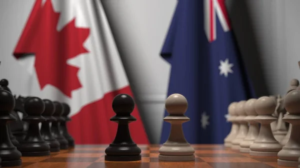 Partita a scacchi contro le bandiere di Canada e Australia. Rendering 3D correlato alla competizione politica — Foto Stock