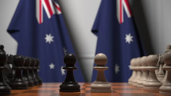 Schackspel mot Australiens flaggor. Politisk konkurrens i samband med 3D-återgivning — Stockfoto