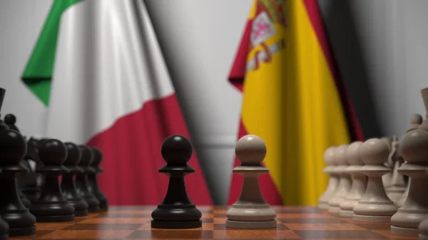 Partita a scacchi contro le bandiere di Italia e Spagna. Rendering 3D correlato alla competizione politica — Foto Stock