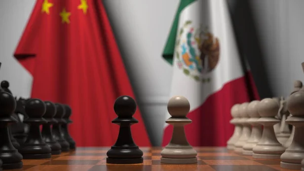 Juego de ajedrez contra banderas de China y México. Competencia política relacionada con la representación 3D — Foto de Stock