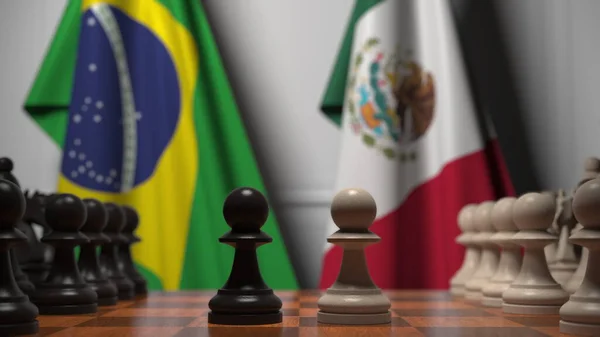 Jeu d'échecs contre les drapeaux du Brésil et du Mexique. Compétition politique liée au rendu 3D — Photo