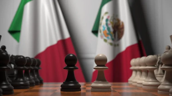 Jogo de xadrez contra bandeiras da Itália e do México. Renderização 3D relacionada com a concorrência política — Fotografia de Stock