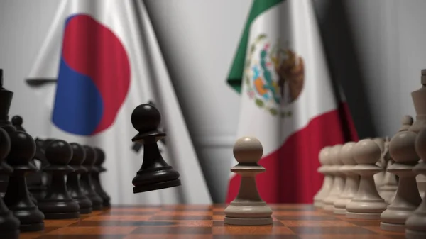 Juego de ajedrez contra banderas de Corea del Sur y México. Competencia política relacionada con la representación 3D — Foto de Stock