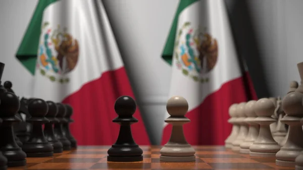 Jogo de xadrez contra bandeiras do México. Renderização 3D relacionada com a concorrência política — Fotografia de Stock