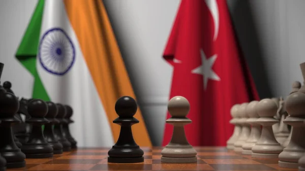 Partita a scacchi contro le bandiere di India e Turchia. Rendering 3D correlato alla competizione politica — Foto Stock
