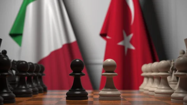 Juego de ajedrez contra banderas de Italia y Turquía. Competencia política relacionada con la representación 3D —  Fotos de Stock