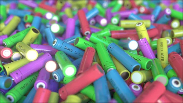 Many multicolor lithium-ion batteries, close-up. 3D rendering