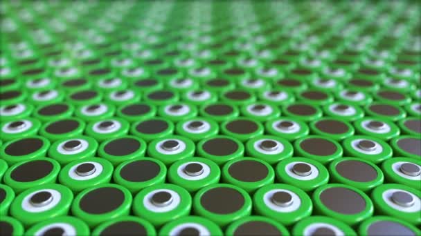 Viele grüne Lithium-Ionen-Batterien. Schlupflöcher 3D-Animation — Stockvideo