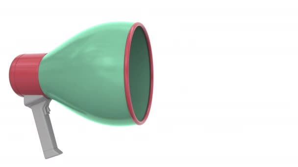 绿色扬声器，带有语音泡沫上的跟随我的信息。 概念3D动画 — 图库视频影像