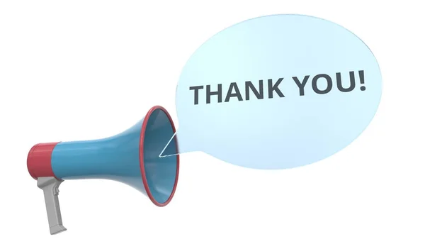 Lautsprecher mit Sprechblase. 3d — Stockbild Blauer Lautsprecher mit Dankesbotschaft auf Sprechblase. konzeptionelles 3D-Rendering — Stockfoto