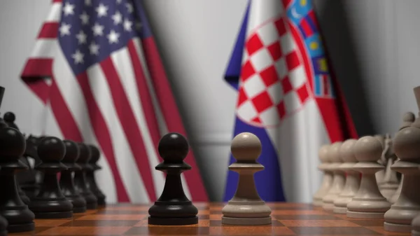 Zászlók az USA és Horvátország mögött gyalogok a sakktáblán. Sakk játék vagy politikai rivalizálás kapcsolódó 3d renderelés — Stock Fotó