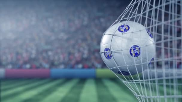 Balle avec le logo du club de football FC Bate Borisov frappe filet de but de football. Animation 3D éditoriale conceptuelle — Video