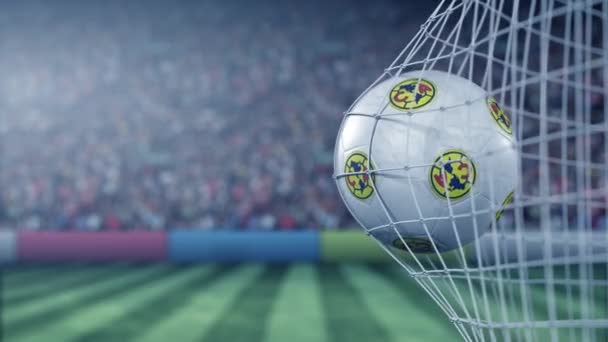 Balle avec logo Club America football club frappe filet de but de football. Animation 3D éditoriale conceptuelle — Video