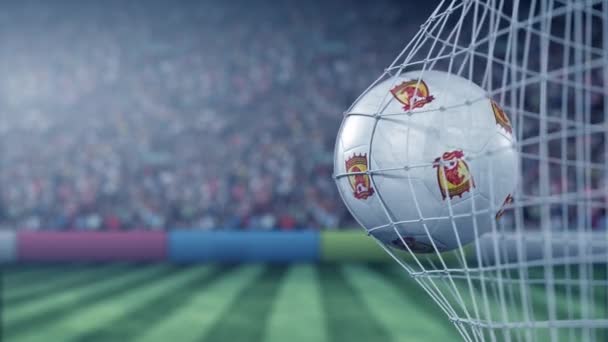 Balle avec le logo du club de football Guangzhou Evergrande Taobao FC frappe filet de but de football. Animation 3D éditoriale conceptuelle — Video