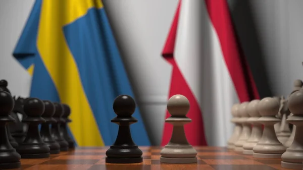 Прапори Швеції та Австрії за пішаками на шаховій дошці. Шахова гра або політичне суперництво пов'язують 3d рендеринг — стокове фото