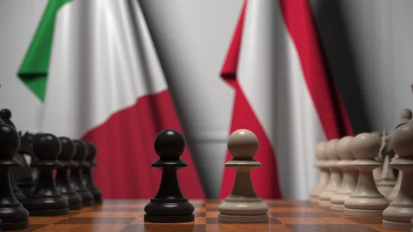 Banderas de Italia y Austria detrás de peones en el tablero de ajedrez. Juego de ajedrez o rivalidad política relacionada con la representación 3D —  Fotos de Stock