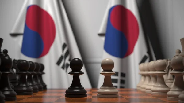 Schachspiel gegen Flaggen Südkoreas. politische Konkurrenz im Zusammenhang mit 3D-Rendering — Stockfoto