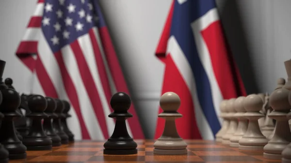 チェスボード上の質屋の後ろにアメリカとノルウェーの旗。チェスゲームや政治的ライバル関係の3Dレンダリング — ストック写真