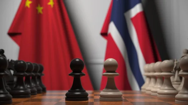 Kína és Norvégia zászlói gyalogok mögött a sakktáblán. Sakk játék vagy politikai rivalizálás kapcsolódó 3d renderelés — Stock Fotó