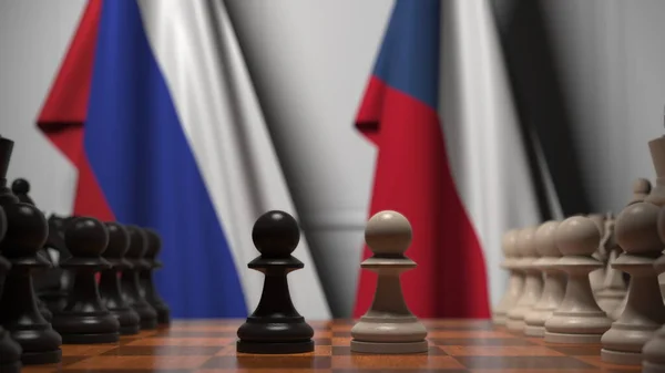 Flaggen Russlands und der Tschechischen Republik hinter Bauern auf dem Schachbrett. Schachspiel oder politische Rivalität im Zusammenhang mit 3D-Darstellung — Stockfoto