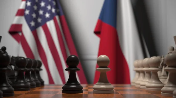 チェスボード上の質屋の後ろのアメリカとチェコ共和国の旗。チェスゲームや政治的ライバル関係の3Dレンダリング — ストック写真