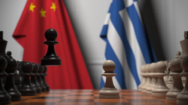 체스 판의 졸 뒤에 있는 중국 과 그리스의 깃발. 체스 게임이나 정치적 라이벌은 3D 렌더링 과 관련 이 있다. — 스톡 사진