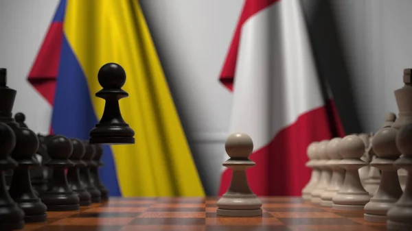 Drapeaux de la Colombie et du Pérou derrière des pions sur l'échiquier. Jeu d'échecs ou rivalité politique liée au rendu 3D — Photo