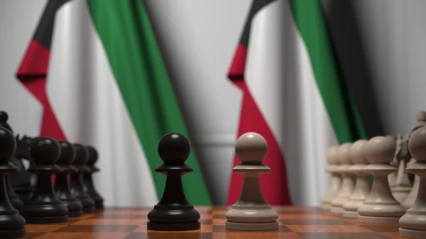 Jogo de xadrez contra bandeiras do Kuwait. Renderização 3D relacionada com a concorrência política — Fotografia de Stock