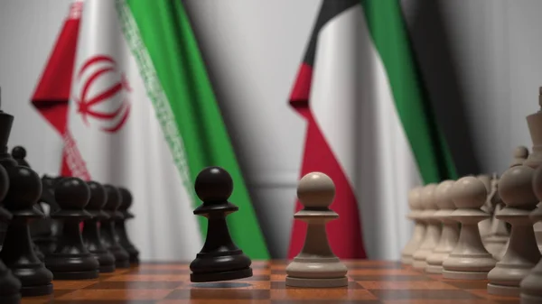 이란 과 쿠웨이트의 깃발 이 체스 판의 졸 뒤에 있습니다. 체스 게임이나 정치적 라이벌은 3D 렌더링 과 관련 이 있다. — 스톡 사진