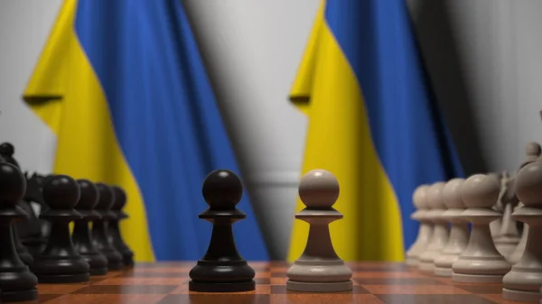 Jeu d'échecs contre les drapeaux de l'Ukraine. Compétition politique liée au rendu 3D — Photo
