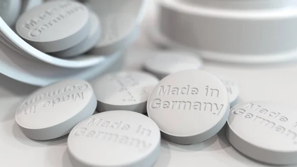 Таблетки с текстом на немецком языке. 3D-рендеринг в фармацевтической промышленности — стоковое фото