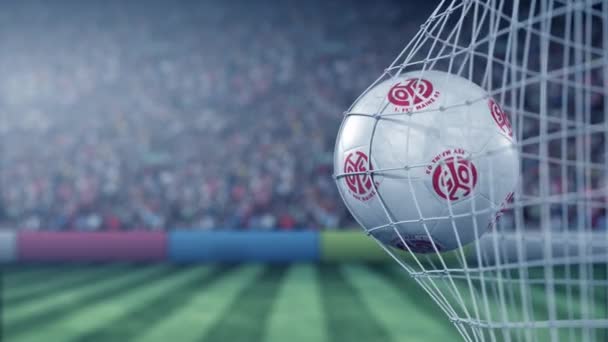 Bola com 1. FSV Mainz 05 logotipo do clube de futebol bate futebol gol net. Animação conceitual editorial 3D — Vídeo de Stock