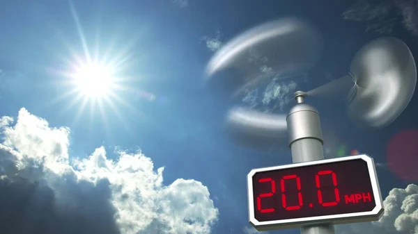 Anemômetro de medição de velocidade do vento exibe 20 mph. Previsão meteorológica renderização 3D relacionada — Fotografia de Stock