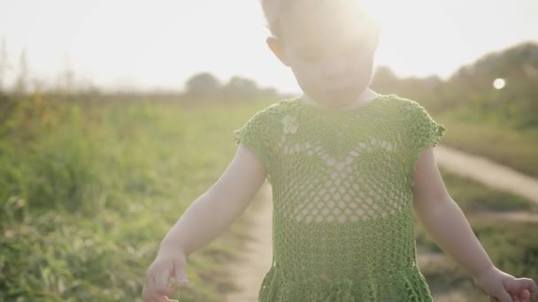 Overstuur baby meisje loopt langs veld pad op een zonnige dag — Stockvideo